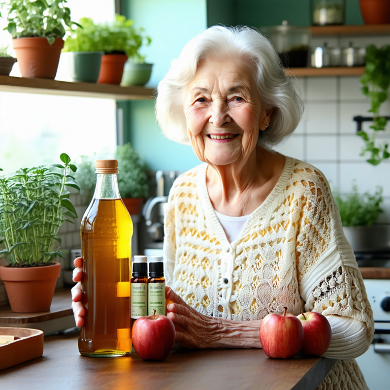 Mamie Colette tenant du vinaigre de cidre et des huiles essentielles dans sa cuisine