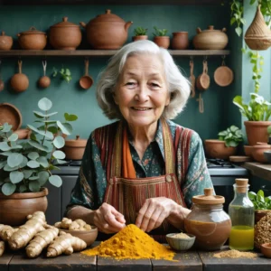 Une grand-mère souriante entourée d'ingrédients naturels dans une cuisine chaleureuse, préparant des remèdes traditionnels.