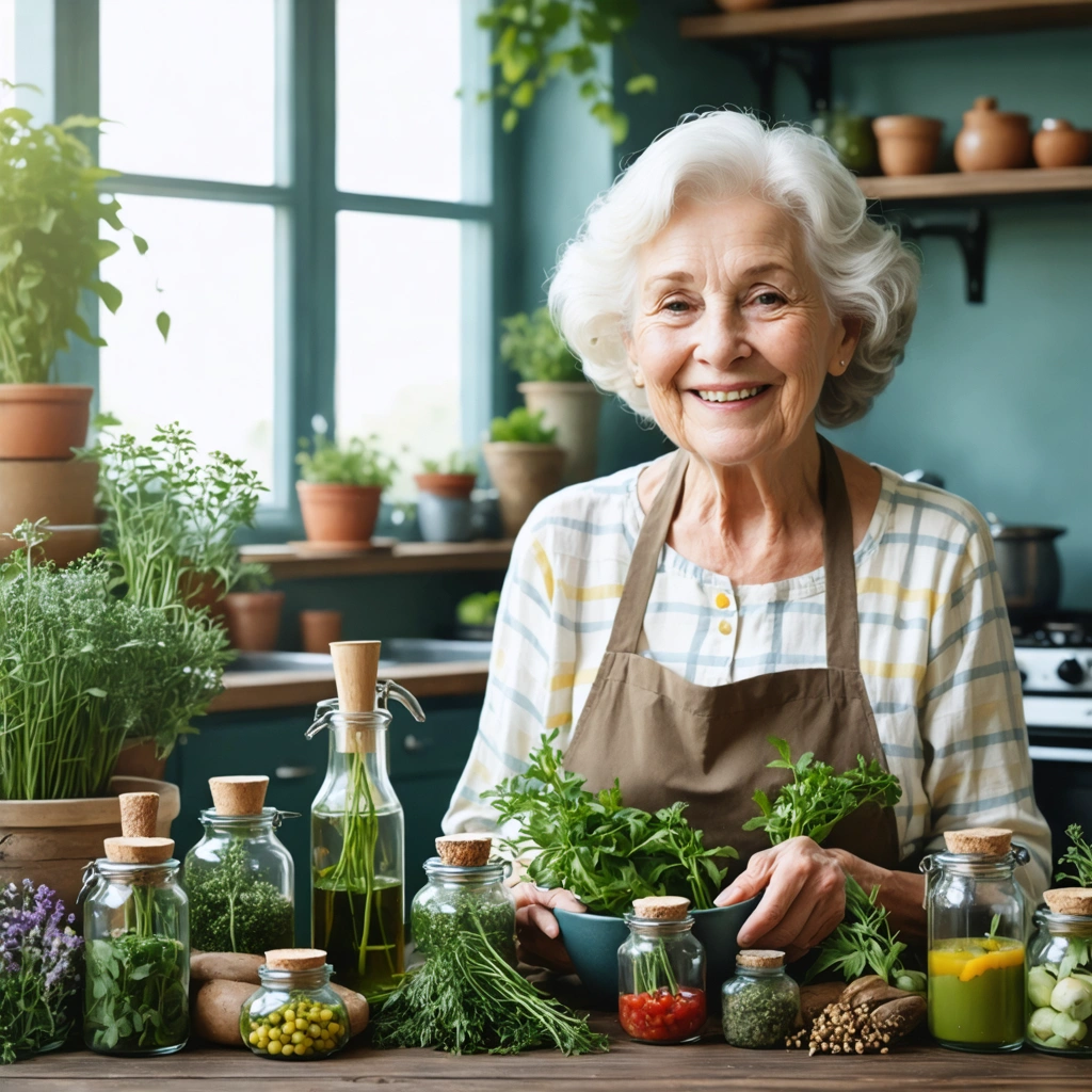 Une grand-mère préparant des remèdes de grand-mère dans une cuisine chaleureuse.