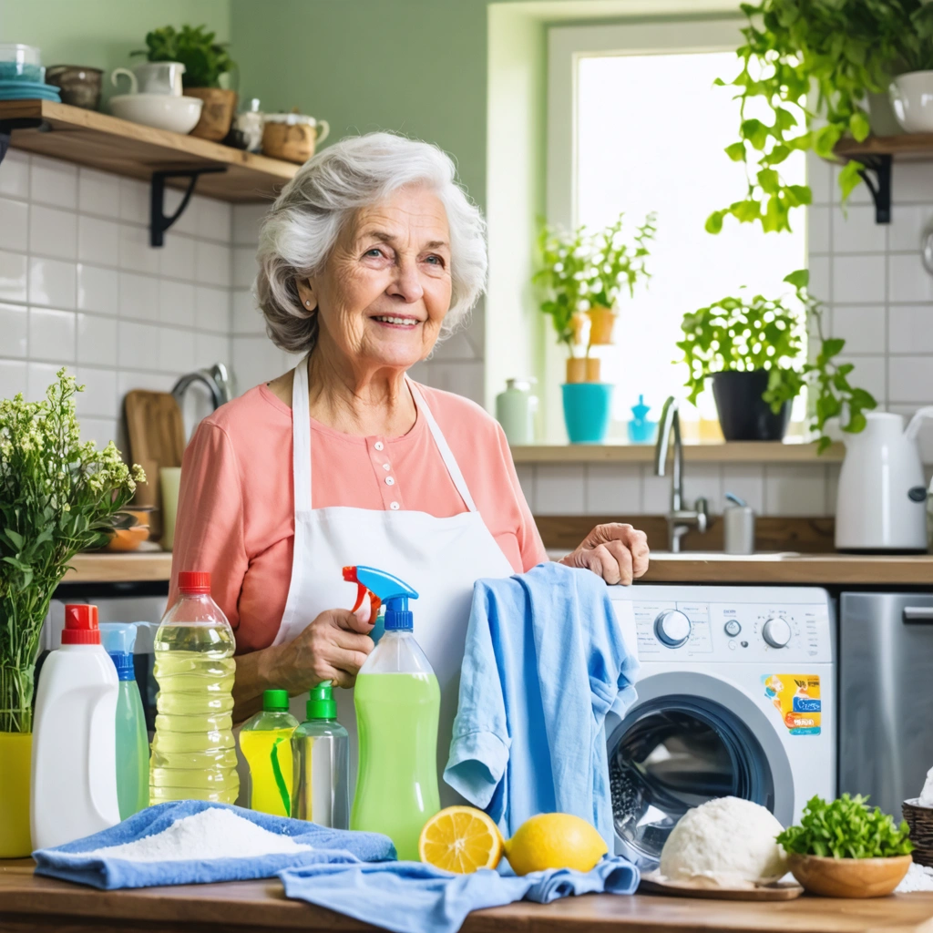Grand-mère dans une cuisine avec des produits naturels sauvant des vêtements