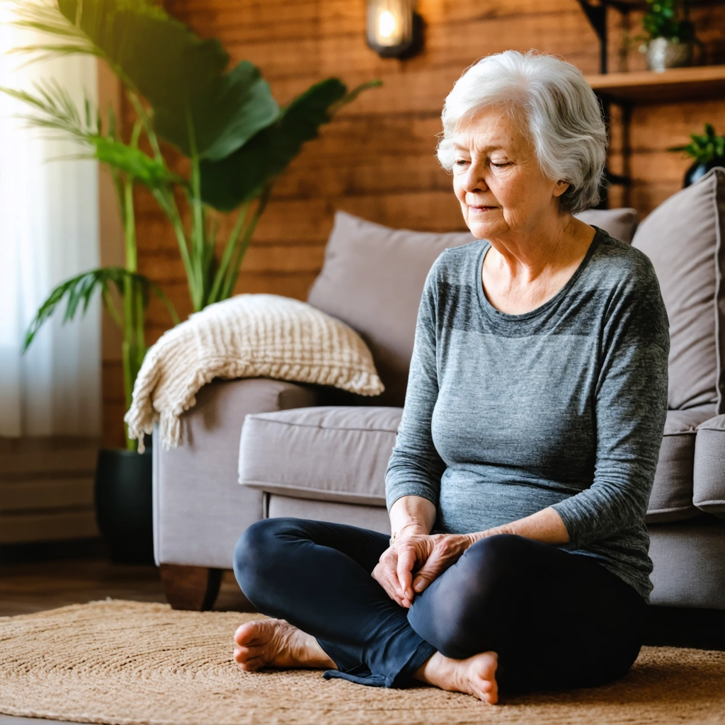 Une grand-mère appliquant un remède naturel pour soulager la douleur sciatique dans un salon chaleureux.