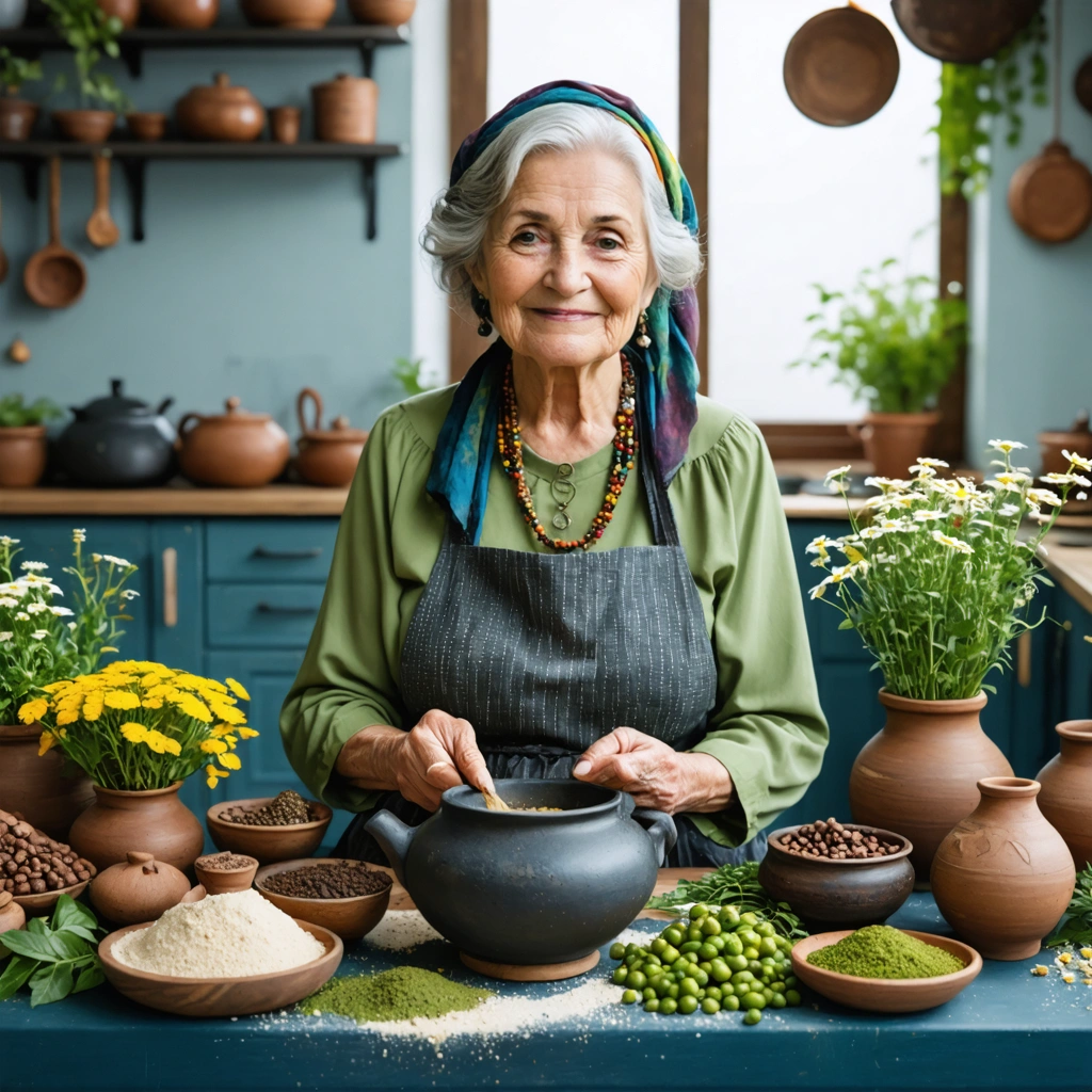 Une grand-mère souriante préparant des teintures capillaires naturelles dans une cuisine chaleureuse.