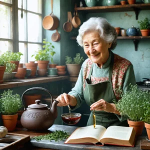 Mamie Colette préparant du thé aux herbes dans sa cuisine.