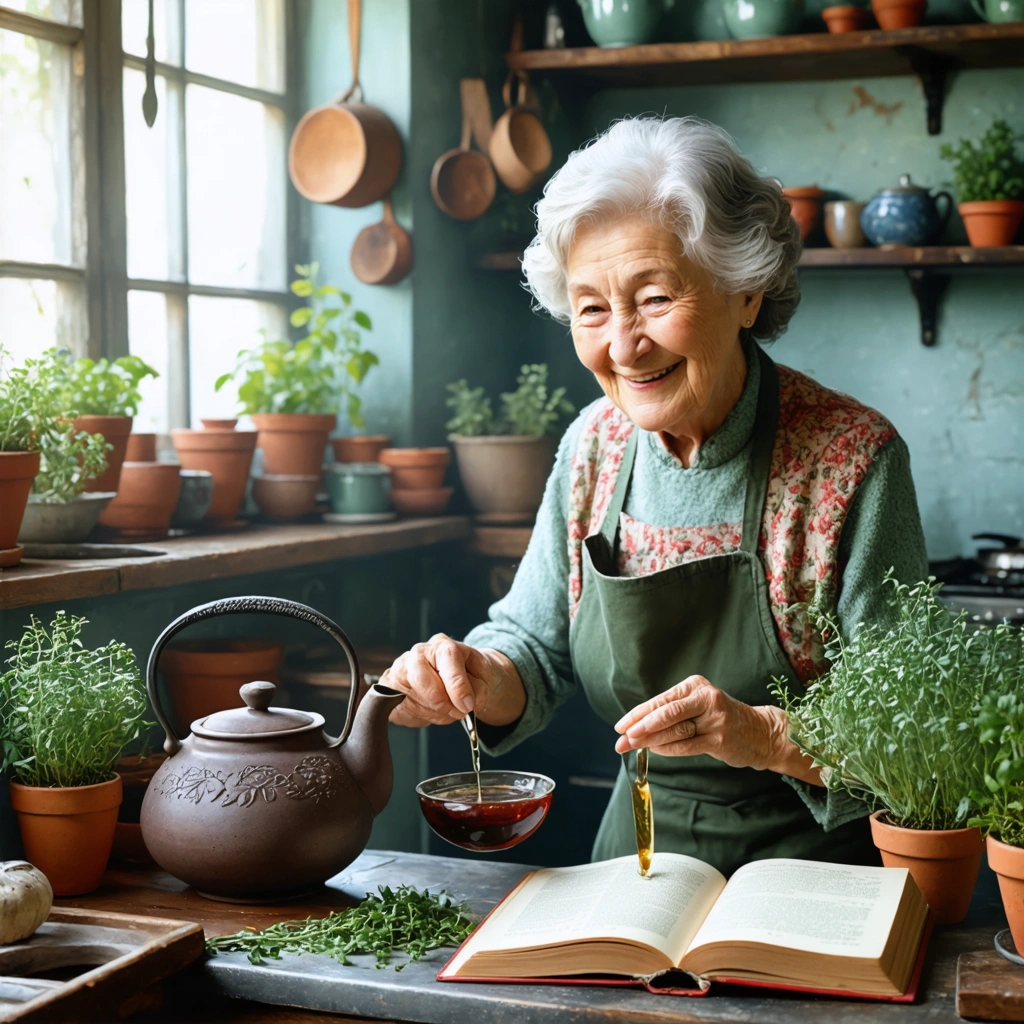 Mamie Colette préparant du thé aux herbes dans sa cuisine.