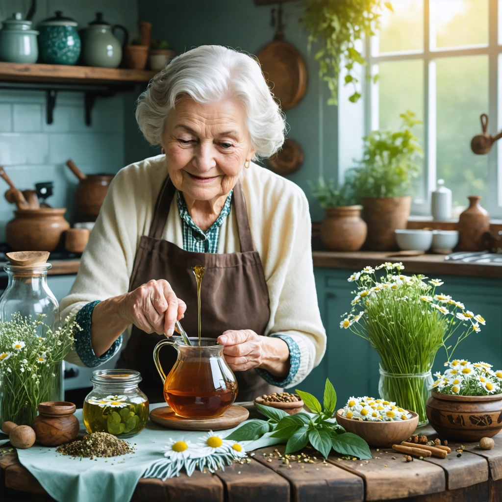 Grand-mère préparant des remèdes naturels dans une cuisine chaleureuse