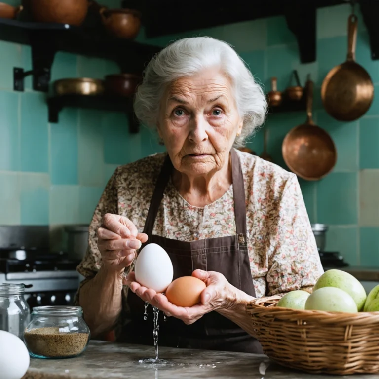 Grand-mère effectuant un test de fraîcheur de l'œuf dans l'eau en cuisine traditionnelle