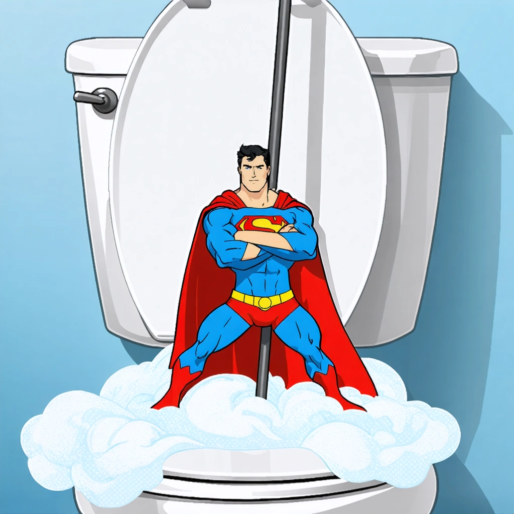 Image d'une ventouse de toilette vue comme un super-héros dans une salle de bain, illustrant sa force et efficacité pour déboucher.