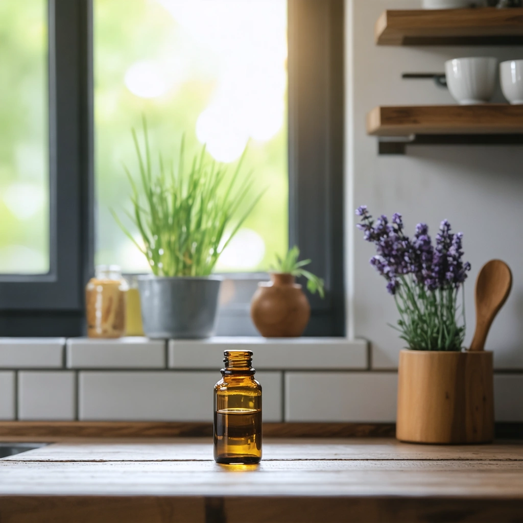 Un flacon d'huiles essentielles sur un comptoir en bois dans une cuisine lumineuse avec des fenêtres ouvertes, créant une ambiance chaleureuse et invitante.