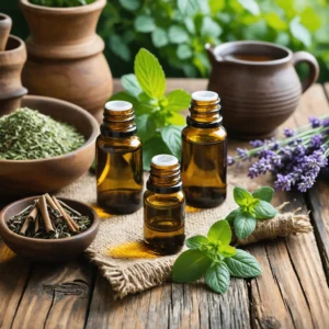 Bouteilles d'huiles essentielles sur une table en bois avec des herbes et une tasse de thé.