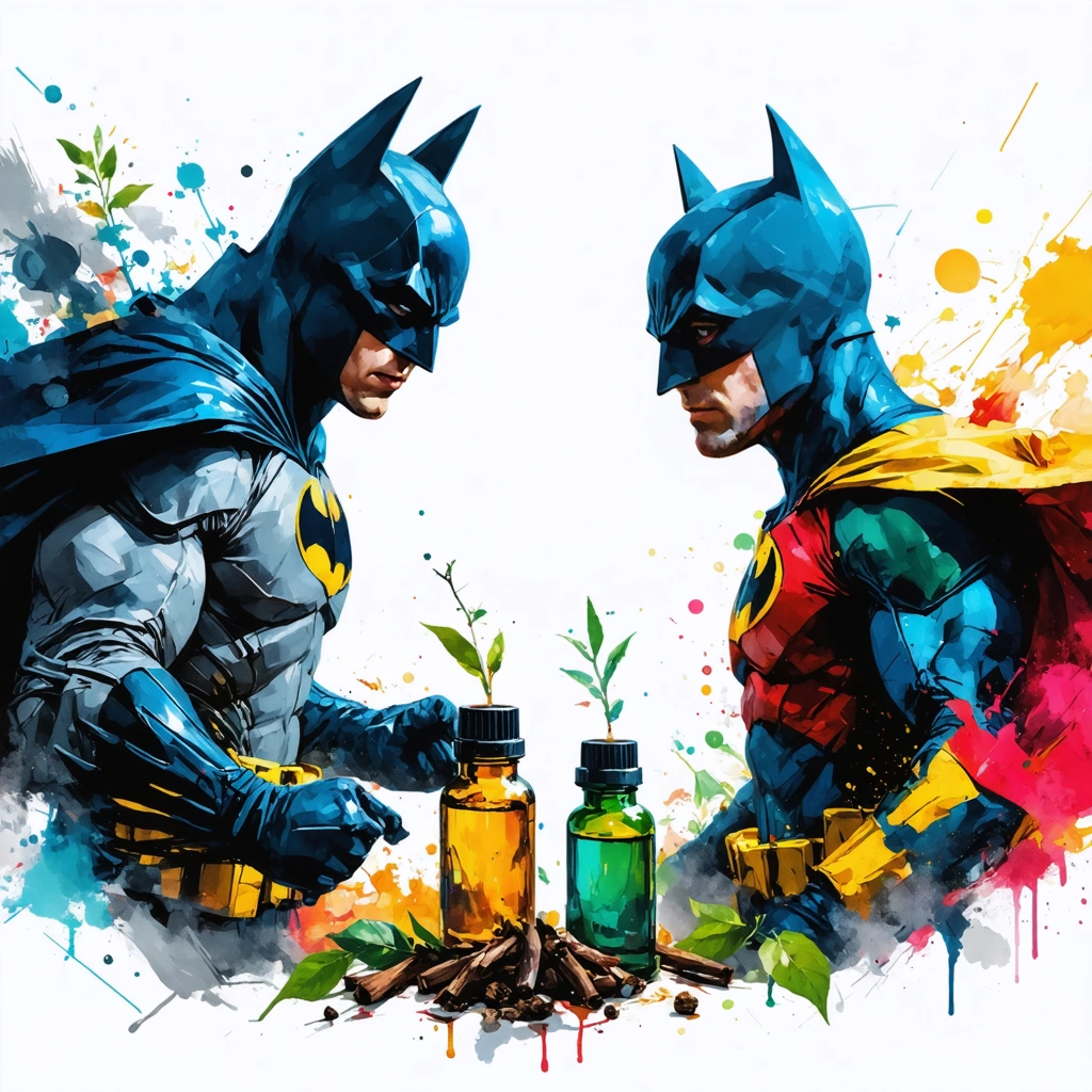 Illustration dynamique de deux huiles essentielles, tea tree et clou de girofle, représentées comme des super-héros travaillant ensemble en aromathérapie.