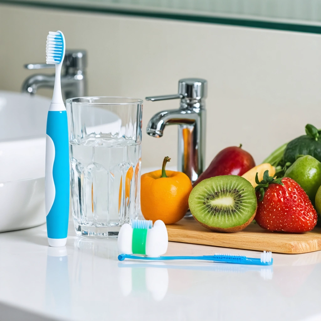 Une scène de comptoir de salle de bain propre avec une brosse à dents à poils souples, du fil dentaire, un verre d'eau et divers fruits et légumes frais.