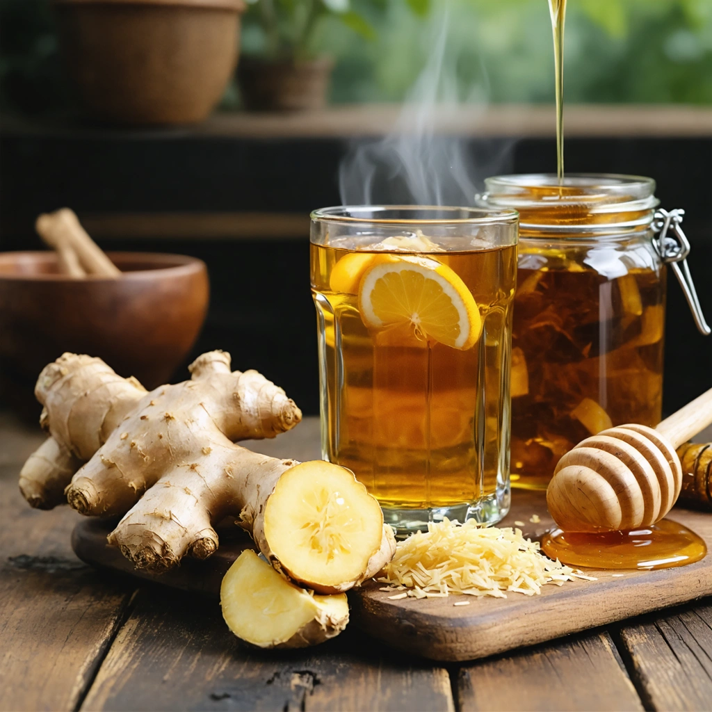 Infusion apaisante de gingembre avec du gingembre frais râpé dans de l'eau chaude et un pot de miel à côté.