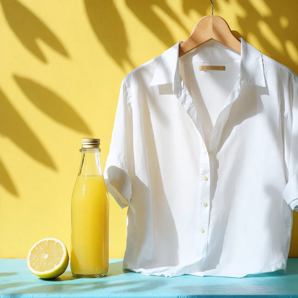 Une bouteille de jus de citron à côté d'une chemise blanche suspendue en plein soleil, évoquant une ambiance fraîche et estivale.