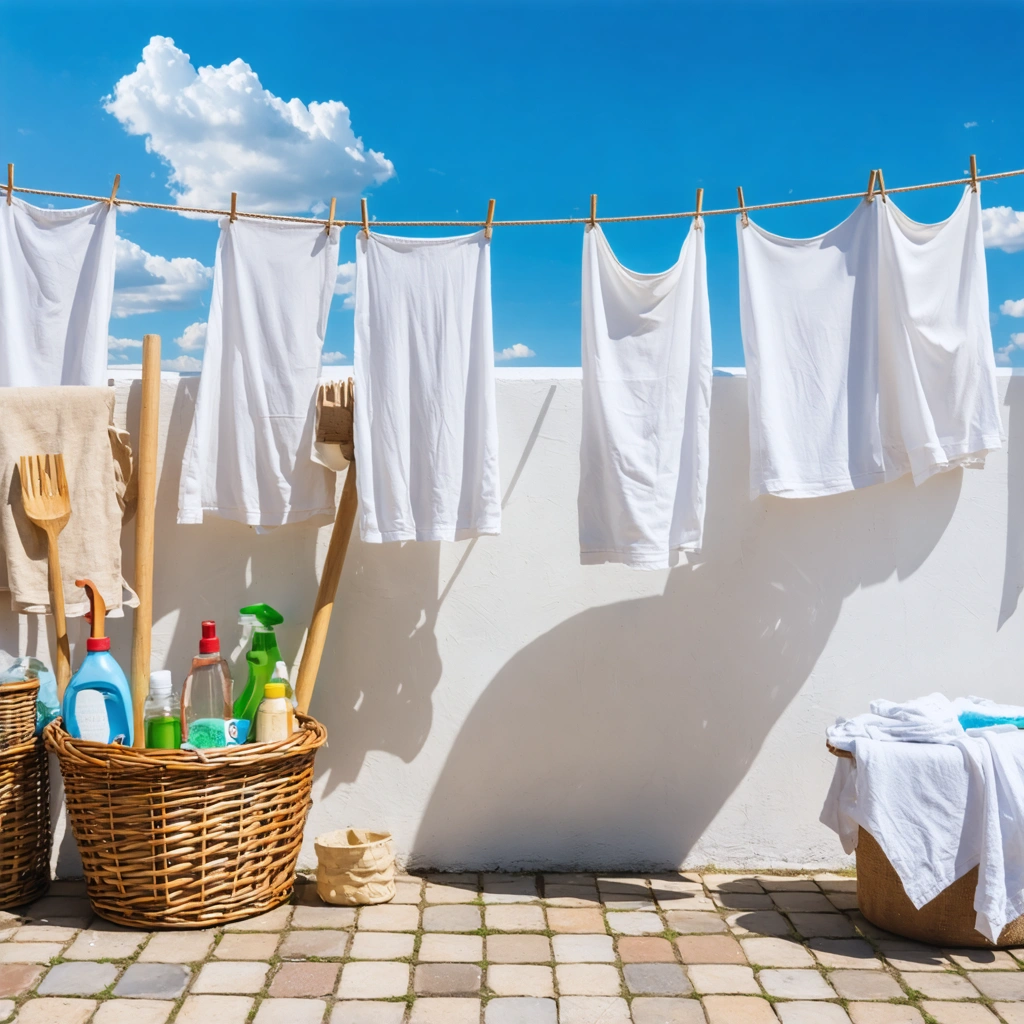 Un scène traditionnelle de lessive, avec des outils vintage et des tissus blancs lumineux sous un ciel bleu clair.