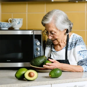 Une grand-mère utilisant un micro-ondes pour faire mûrir des avocats rapidement