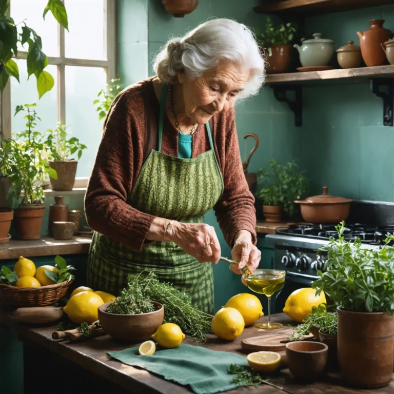 Une femme âgée dans une cuisine préparant une tisane et pressant des citrons