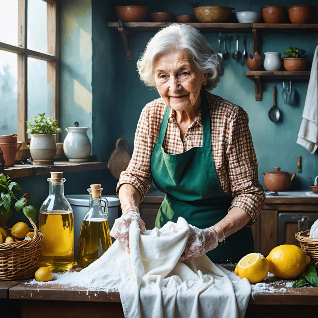 Une scène de cuisine avec une mamie utilisant des méthodes traditionnelles de blanchiment du linge.