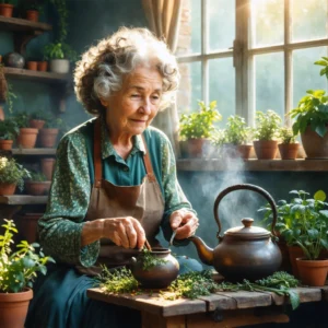 Mamie Colette prépare un remède maison dans un salon chaleureux, entourée de plantes et de lumière du soleil.