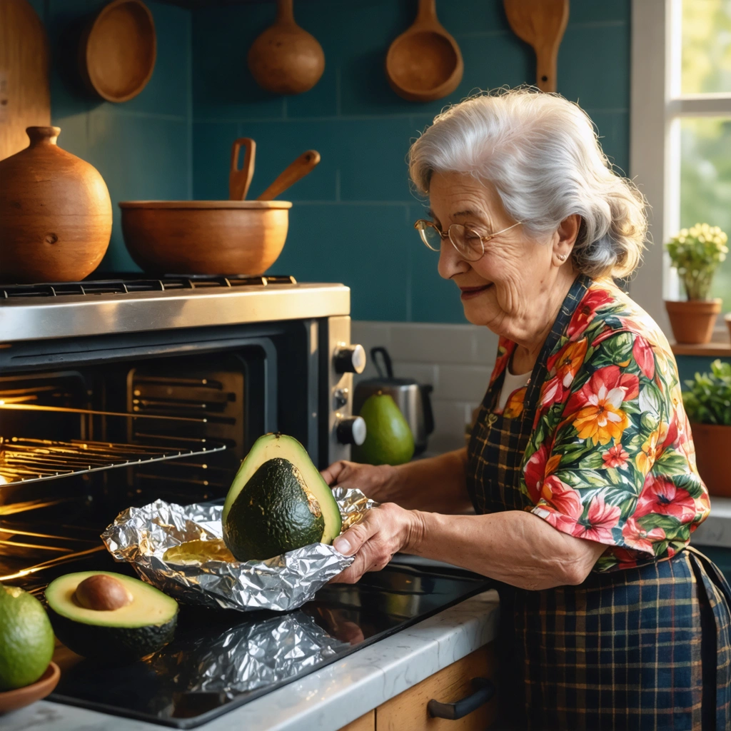Une grand-mère utilisant un four traditionnel pour faire mûrir un avocat enveloppé dans du papier aluminium dans une cuisine chaleureuse.