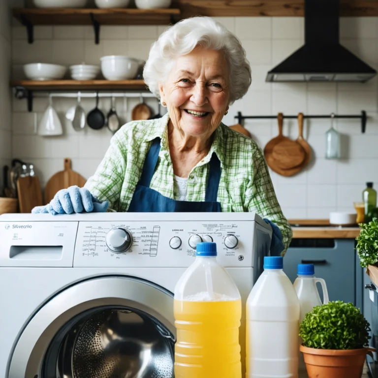 Une mamie souriante nettoie une machine à laver avec du vinaigre et du bicarbonate de soude