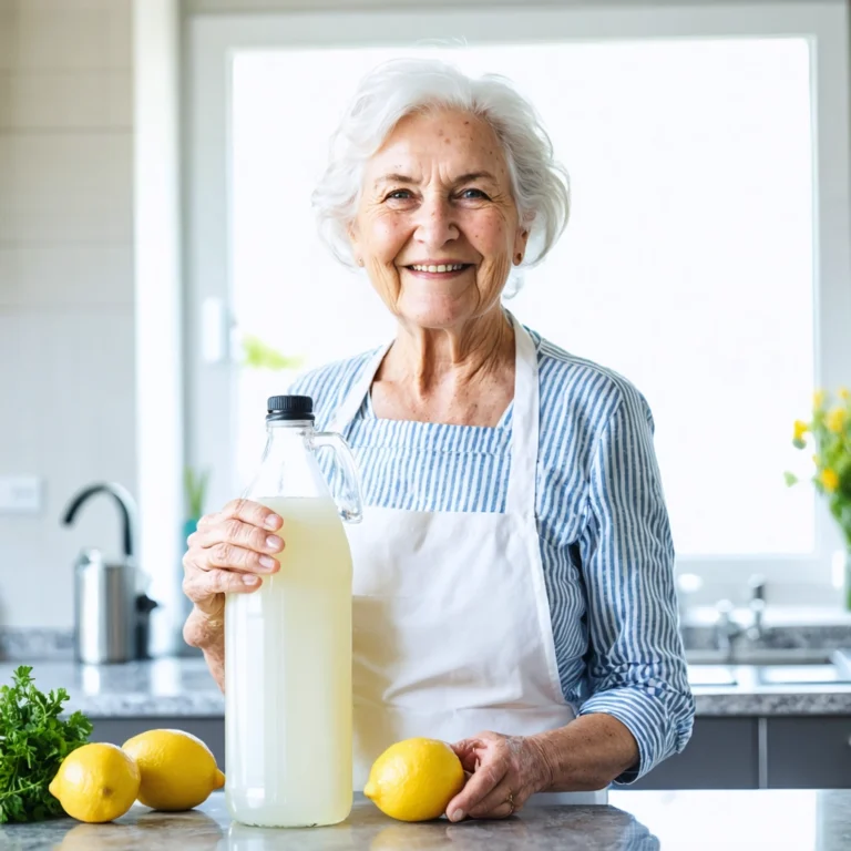 Une grand-mère souriante tenant un flacon de vinaigre blanc et un citron dans une cuisine propre et lumineuse