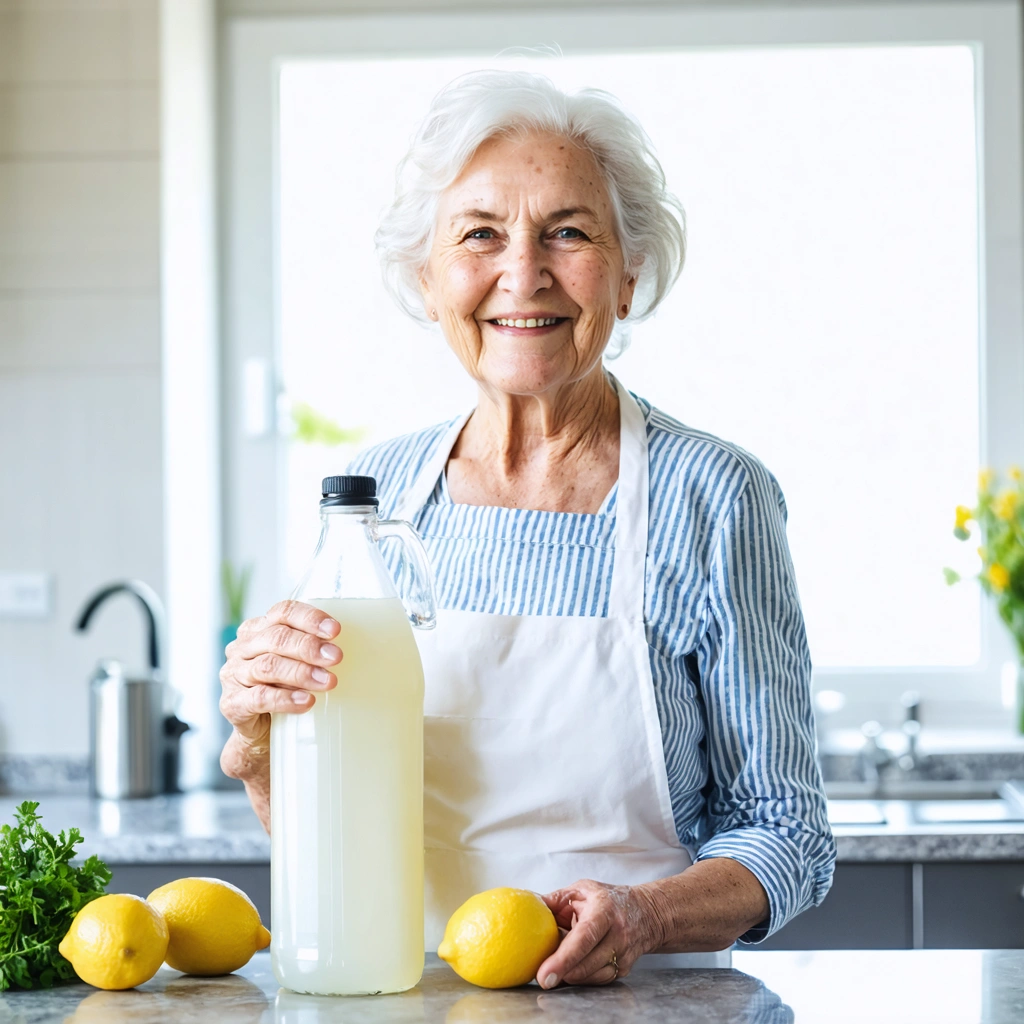 Une grand-mère souriante tenant un flacon de vinaigre blanc et un citron dans une cuisine propre et lumineuse