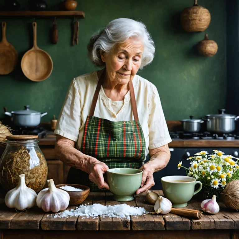 Mamie préparant un remède naturel dans une cuisine rustique