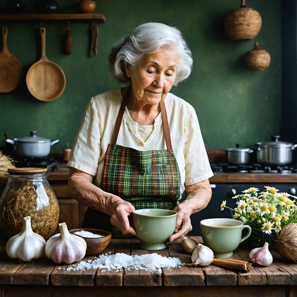 Mamie préparant un remède naturel dans une cuisine rustique