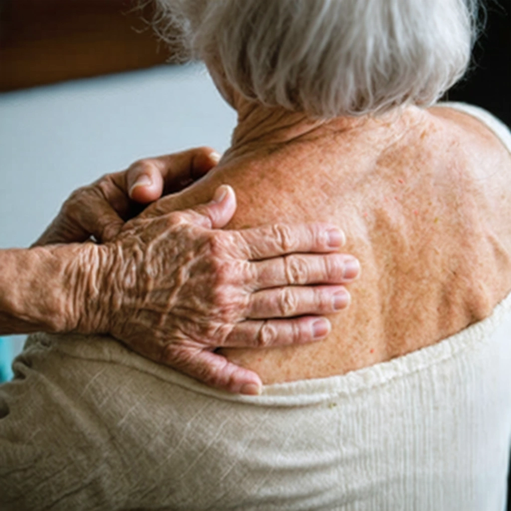 Une scène apaisante montrant les mains d'une femme âgée massant doucement le dos de quelqu'un avec de l'huile d'arnica.