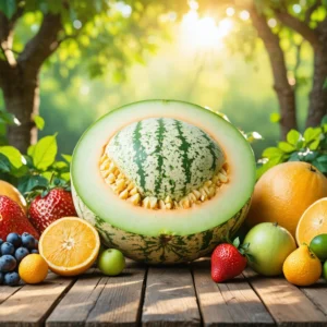 Un melon parfait sur une table en bois entouré de fruits colorés