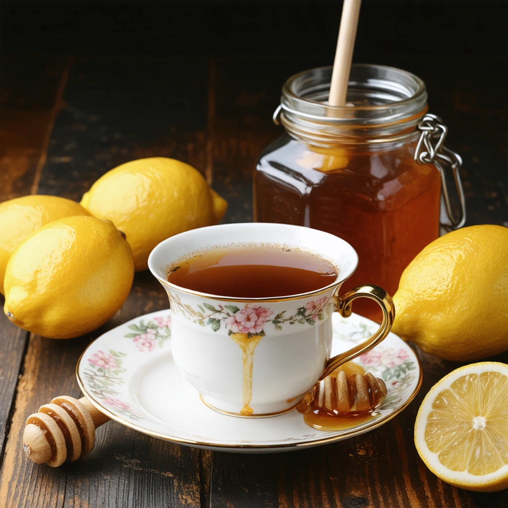 Une tasse de boisson chaude au miel et citron sur une table en bois, avec des citrons frais et un pot de miel à côté.