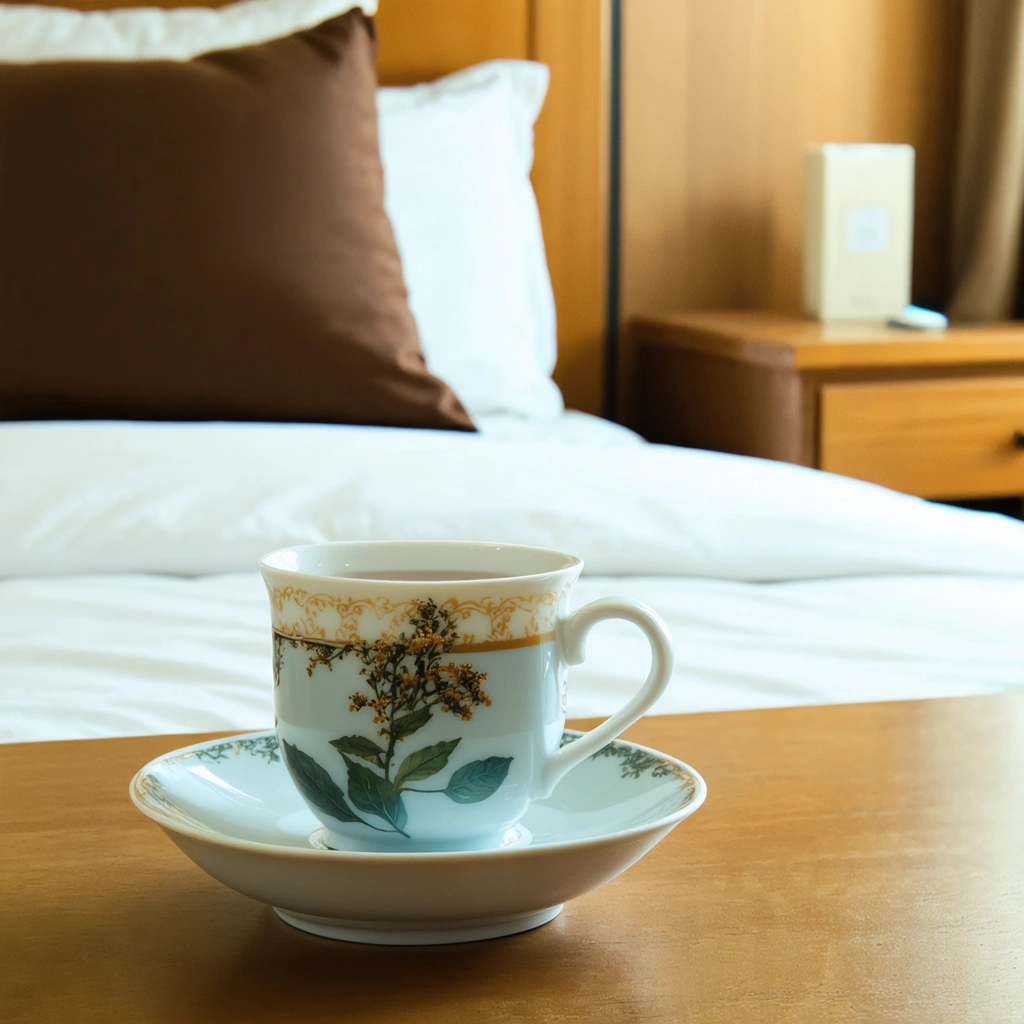 Une tasse de tisane avec du miel sur une table de chevet, créant une atmosphère apaisante et relaxante.