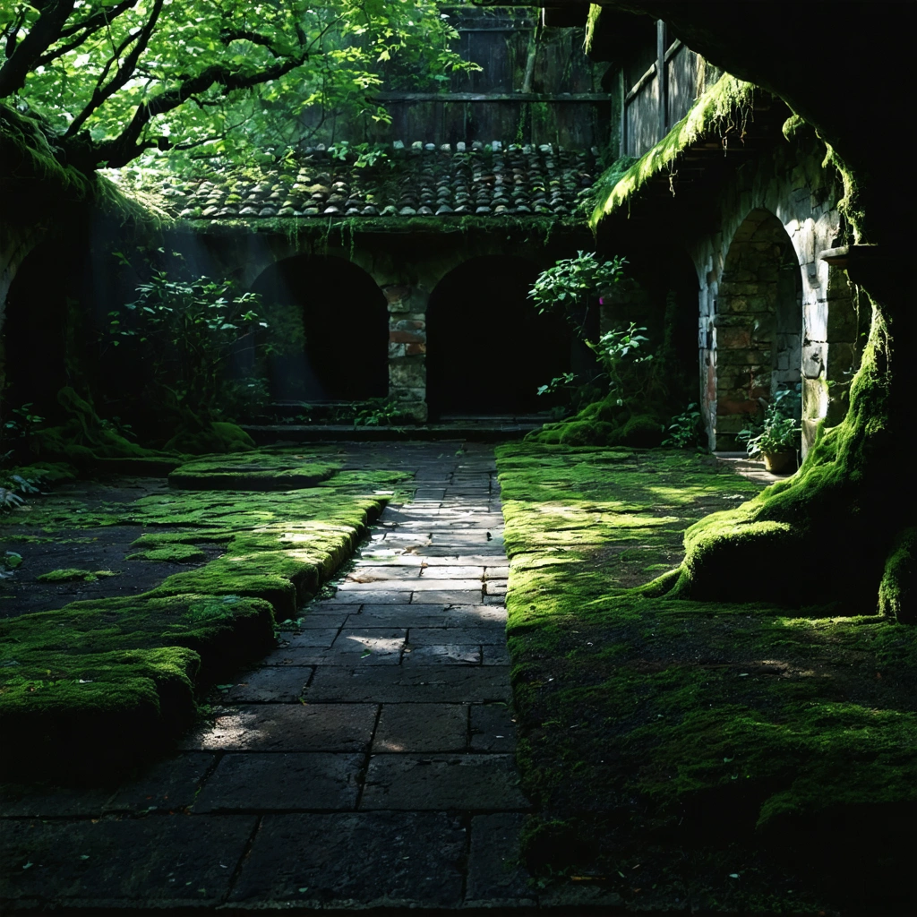 Image d'un jardin ombragé envahi par la mousse, donnant une impression de mystère.