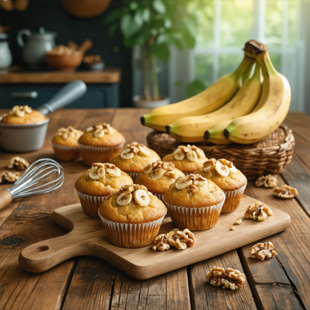 Muffins à la banane et aux noix fraîchement cuits sur une table en bois, entourés de bananes mûres et d'un fouet.