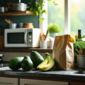Scène de cuisine avec des avocats pas mûrs et diverses méthodes de mûrissement.