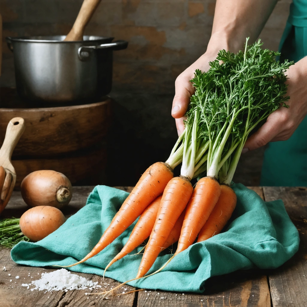 Carottes fraîches essuyées avec un chiffon humide sur une table de cuisine rurale.
