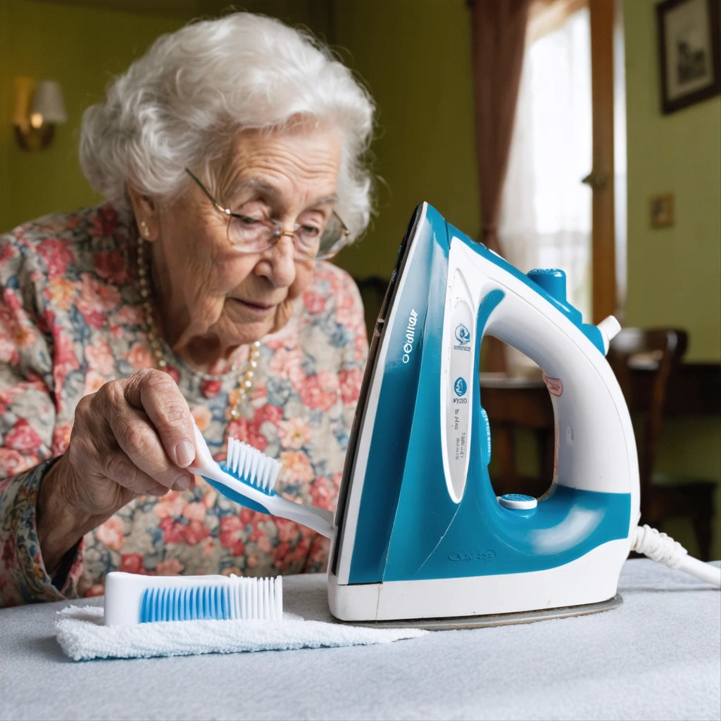 Une scene montrant une femme agee nettoyant la semelle d'un fer a repasser avec une brosse a dents et du dentifrice blanc, dans un interieur chaleureux.