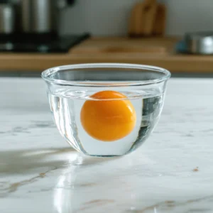 Un œuf frais flottant dans un bol d'eau transparente