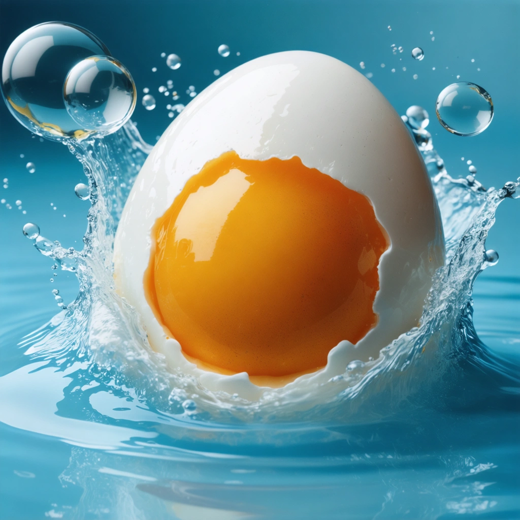 Un œuf avec une poche d'air flottant dans l'eau, entouré de bulles.