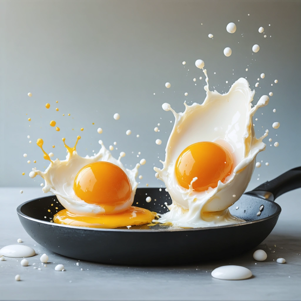 Deux oeufs dans une scène de danse culinaire, un oeuf frais avec un jaune rebondi dans une poêle et un autre oeuf avec un blanc qui s'écoule.