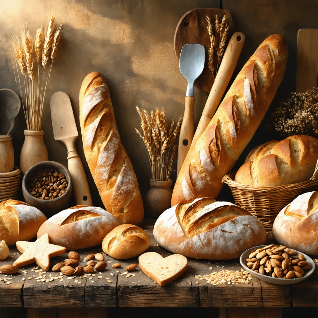 Variété de pains artisanaux avec des emporte-pièces en forme d'étoiles, de cœurs et de sapins dans une cuisine rustique.