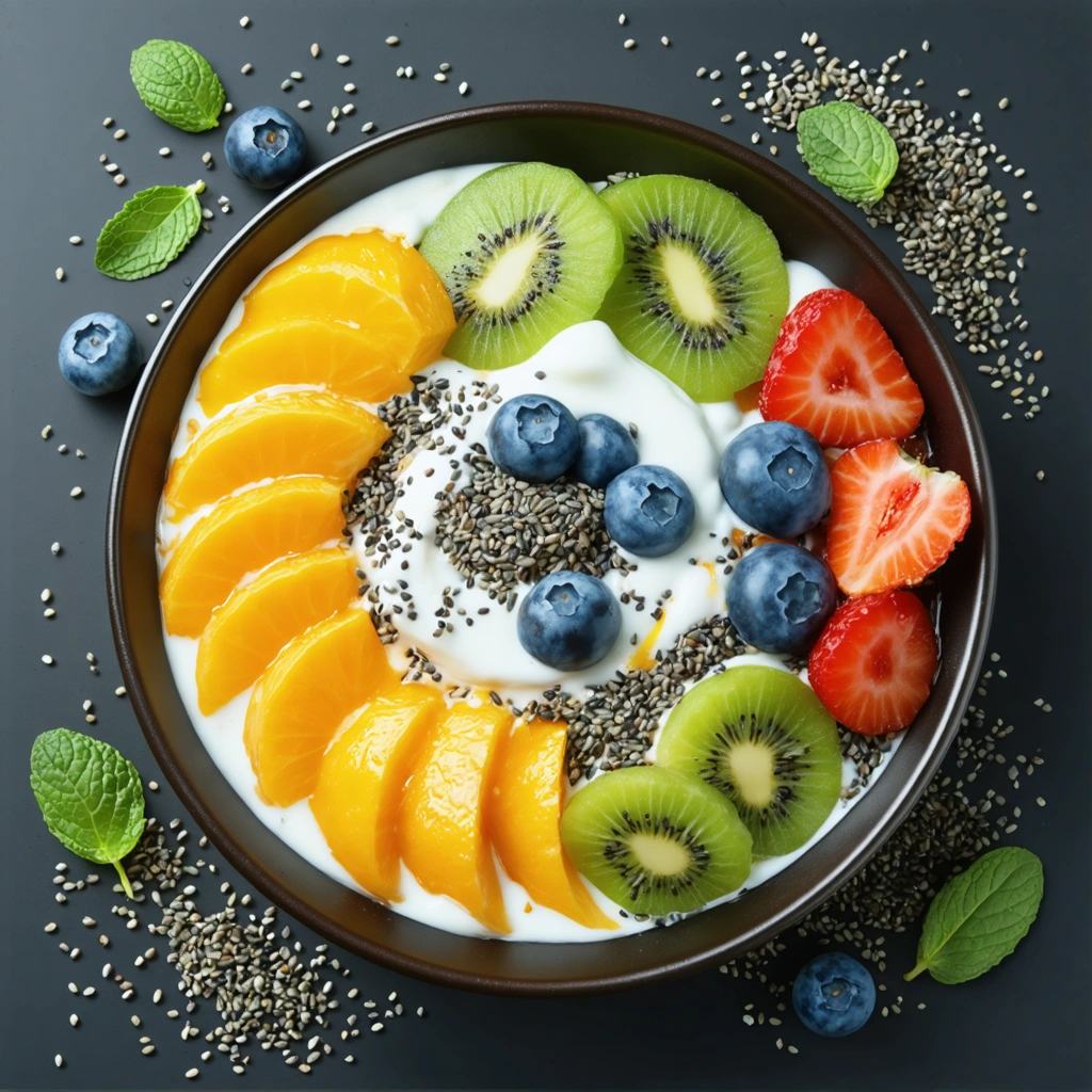 Une image montrant un petit déjeuner sain avec des graines de chia, incluant des fruits et du yaourt, évoquant un mode de vie énergique et une bonne digestion.