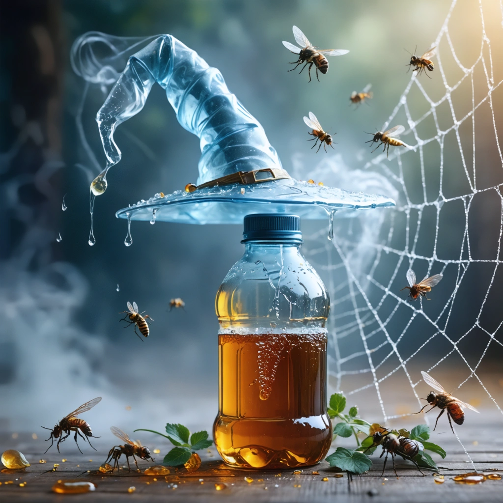 Un piège à mouches magique fait avec une bouteille en plastique transformée en entonnoir, avec du sirop ou du miel à l'intérieur, et une toile d'araignée en arrière-plan.