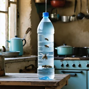 Un piège à mouche fait maison avec une bouteille en plastique et des mouches à l'intérieur.