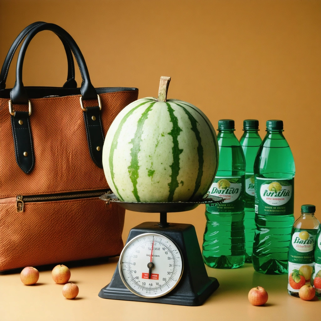 Un melon lourd posé sur une vieille balance de cuisine avec à côté un sac à main élégant et un pack de six bouteilles d'eau, dans un décor chaleureux et nostalgique.