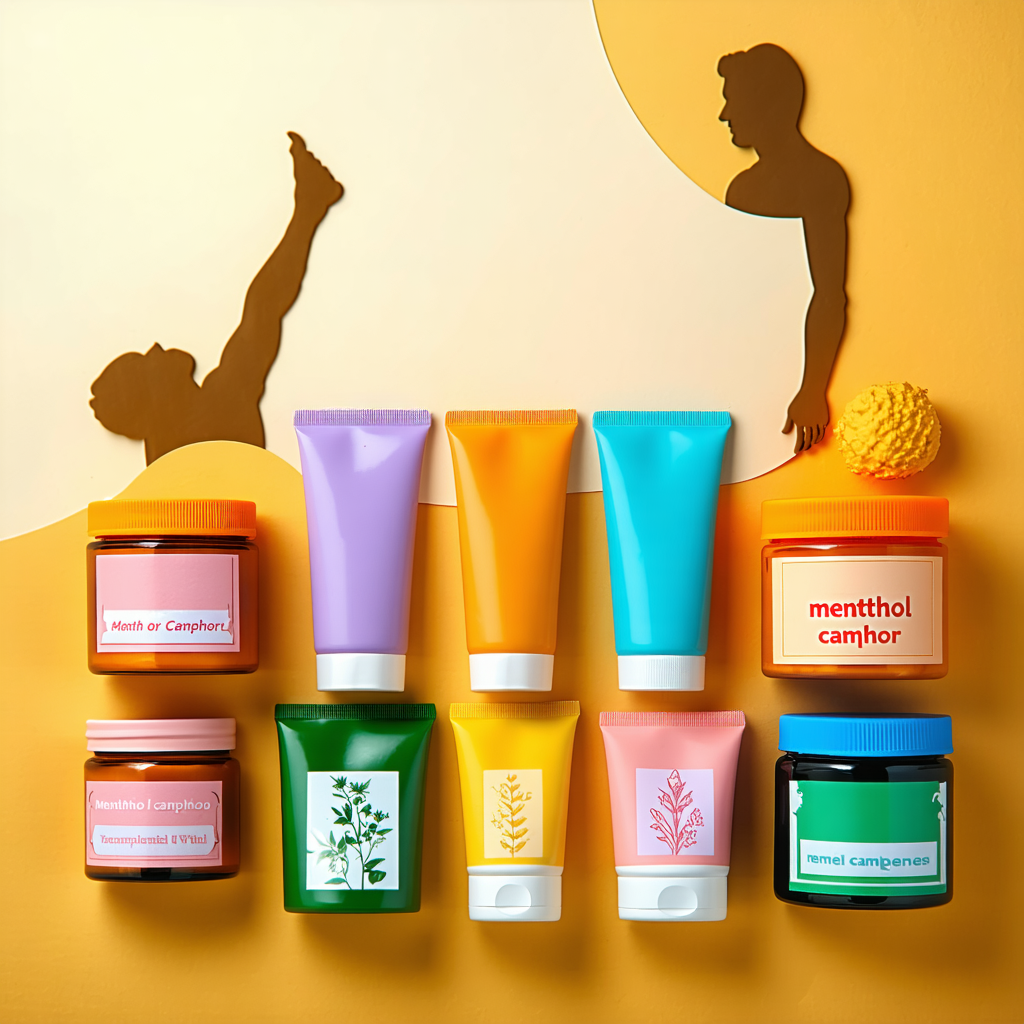 Des pommades en tubes colorés avec mentions de menthol ou camphre, suggérant leur effet apaisant sur les jambes, en arrière-plan des jambes reposées.
