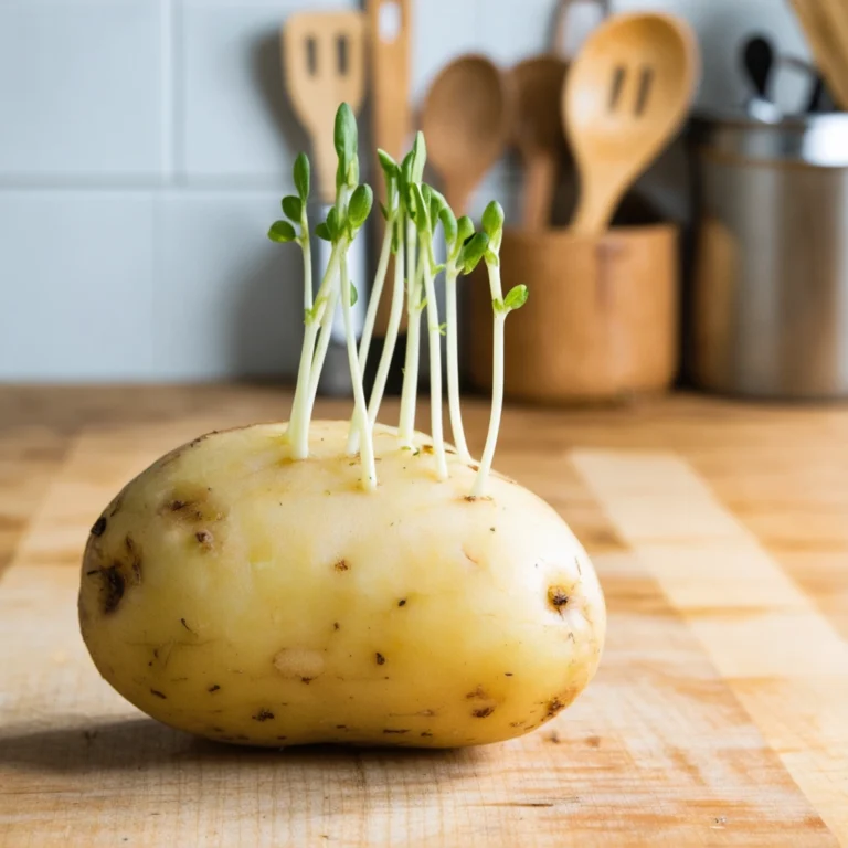 Une pomme de terre avec des germes sur une table de cuisine en bois