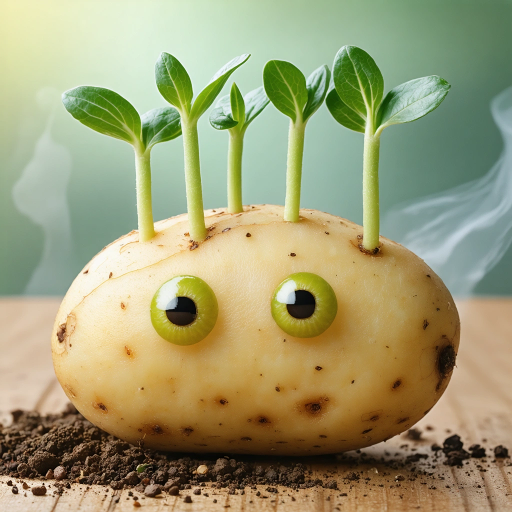 Une pomme de terre avec des germes émergeant de ses yeux, illustrant le début de la croissance de nouvelles plantes dans un environnement chaud et légèrement humide.