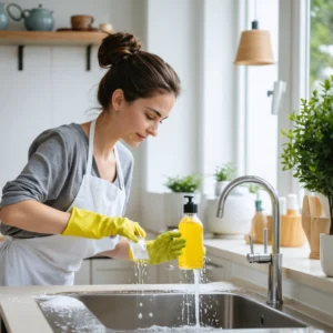 Femme utilisant des produits naturels pour nettoyer un évier.