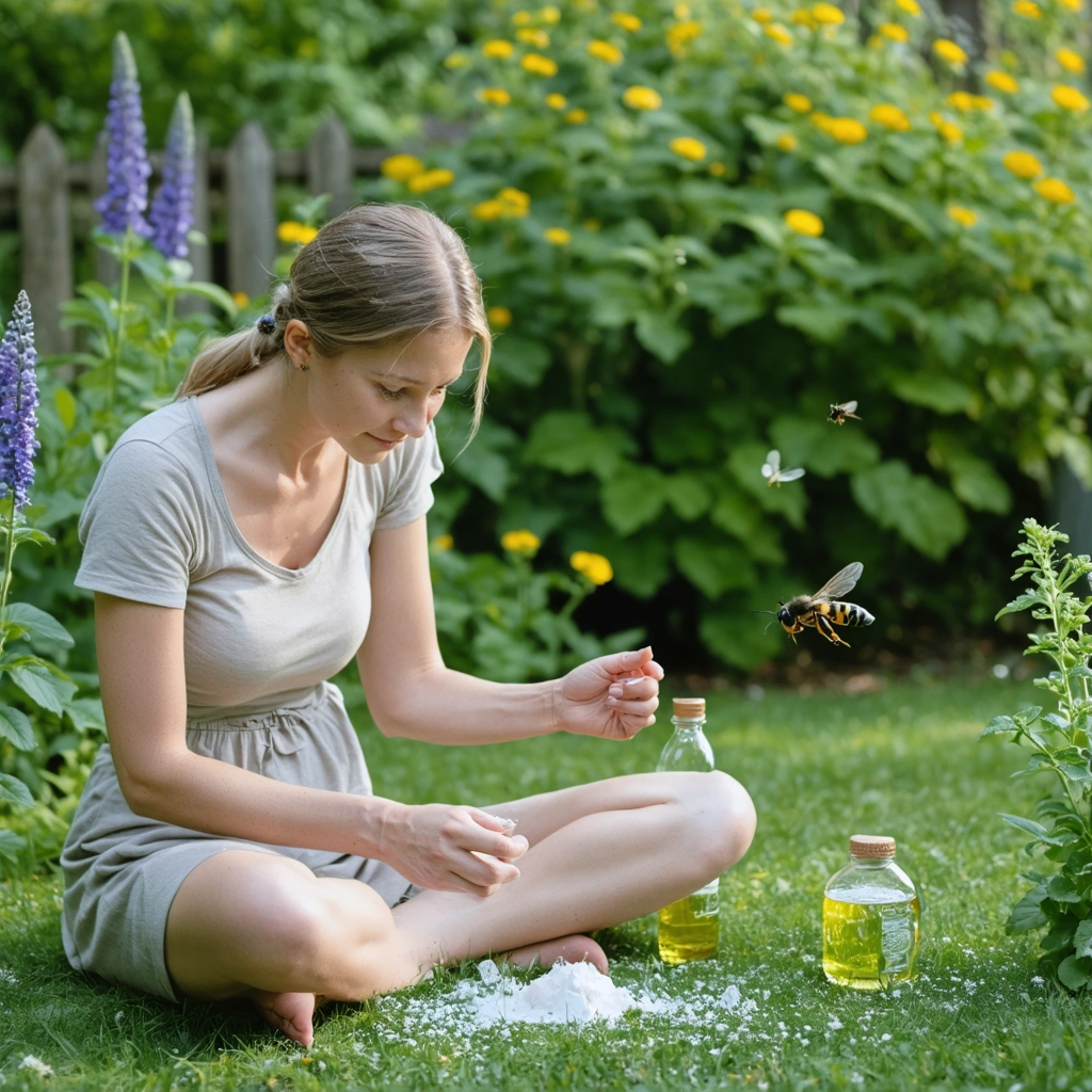 Une personne calme dans un jardin avec une guêpe à proximité, appliquant une pâte maison sur une piqûre enflée.